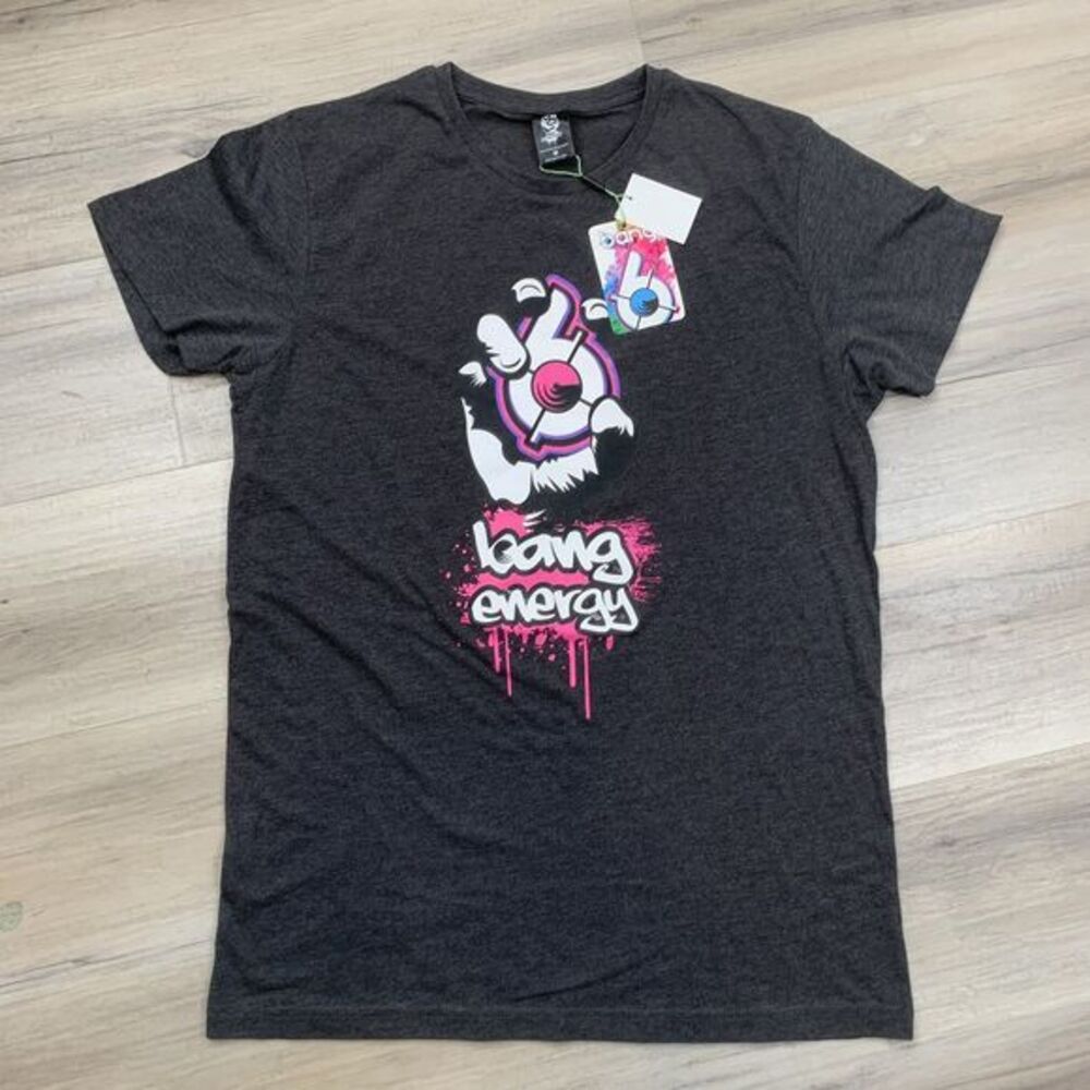 Gray/Pink Mens Performance Energy Drink Logo T shirt size Medium, Gym Shirt